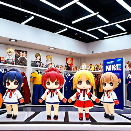 Home 8 **A NIKKE pop-up store:** Showcase various NIKKE uniforms, cosplay outfits, and merchandise like acrylic stands, keychains, and Nendoroids. The scene is vibrant and bustling with enthusiastic fans.