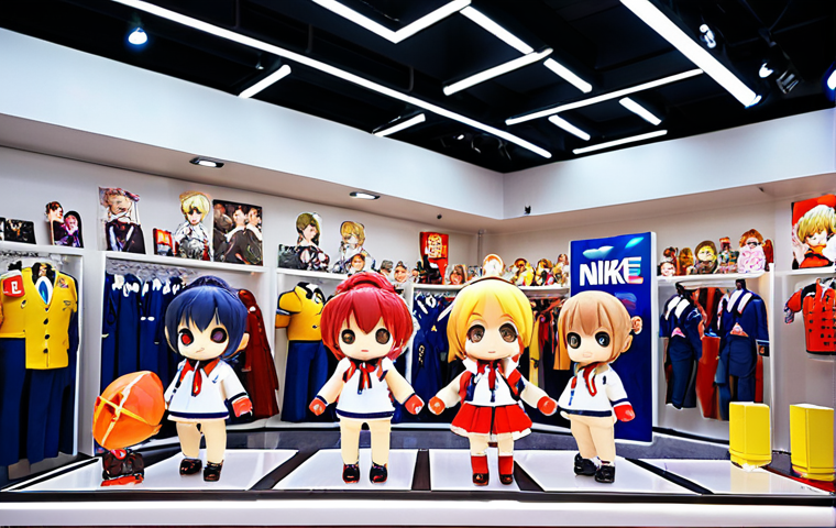 **A NIKKE pop-up store:** Showcase various NIKKE uniforms, cosplay outfits, and merchandise like acrylic stands, keychains, and Nendoroids. The scene is vibrant and bustling with enthusiastic fans.
