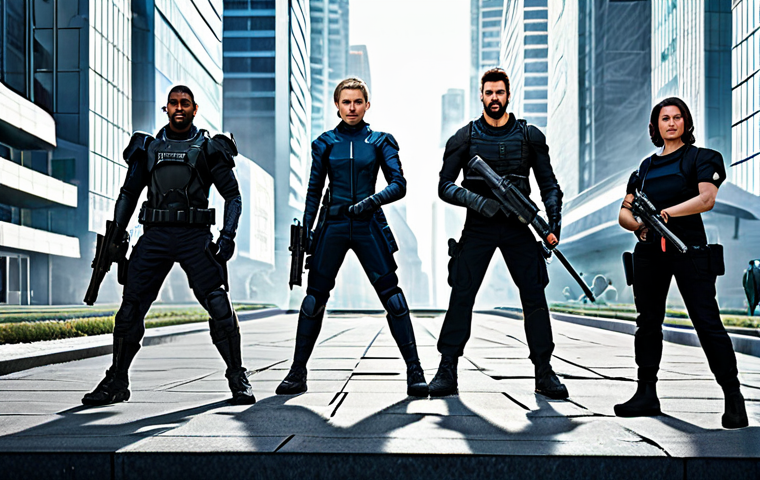 Team Composition & Strategy**
"A squad of fully clothed Nikke characters in dynamic poses, ready for battle in a futuristic cityscape, appropriate attire, safe for work, each character showcasing a different weapon type, perfect anatomy, correct proportions, strategic team composition, action shot, professional, high quality"
**