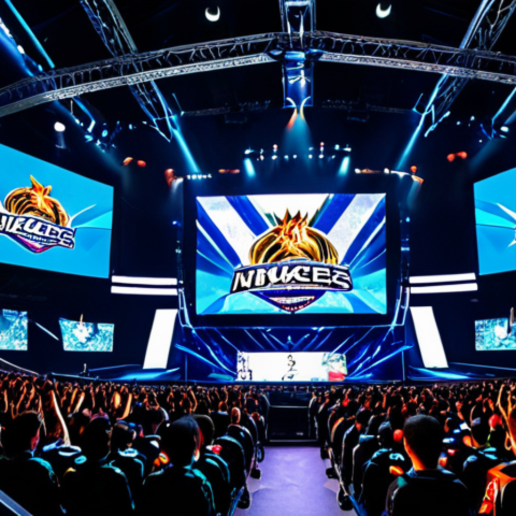 **
A vibrant eSports arena filled with cheering fans watching a 'Nikke: Goddess of Victory' tournament. Professional gamers are intensely focused on large screens displaying the game's action. Bright lights illuminate the stage, showcasing the team logos and game visuals. safe for work, appropriate content, fully clothed, professional, perfect anatomy, natural proportions, high-quality rendering.
**