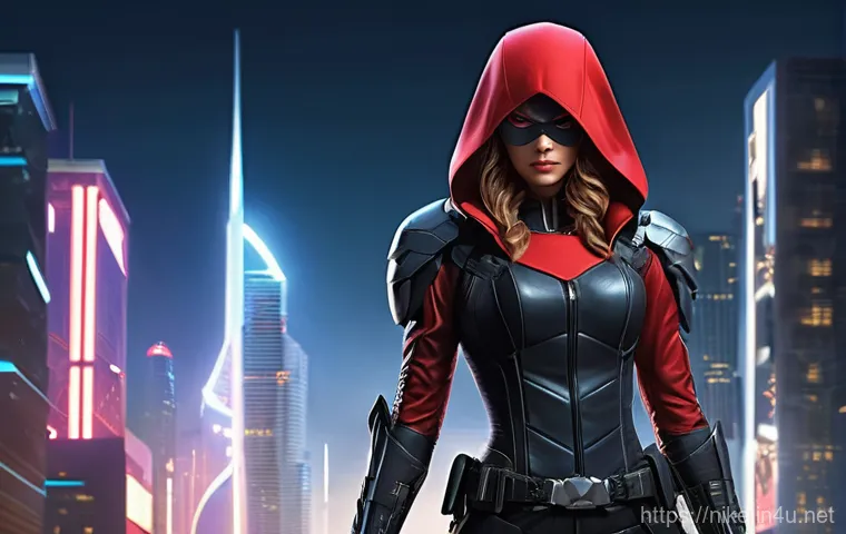 승리의여신 니케 공식 캐릭터 포스터 - A highly detailed, vibrant, full-body official character poster illustration of Red Hood from Nikke:...