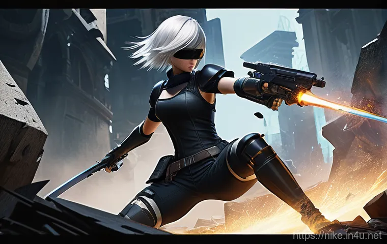 승리의여신 니케 속성 보너스 활용 - A dynamic full-body shot of a female Nikke character named Lara, with long, flowing brown hair, wear... 승리의여신 니케 속성 보너스 활용 - A dynamic full-body shot of a female Nikke character named Lara, with long, flowing brown hair, wear...