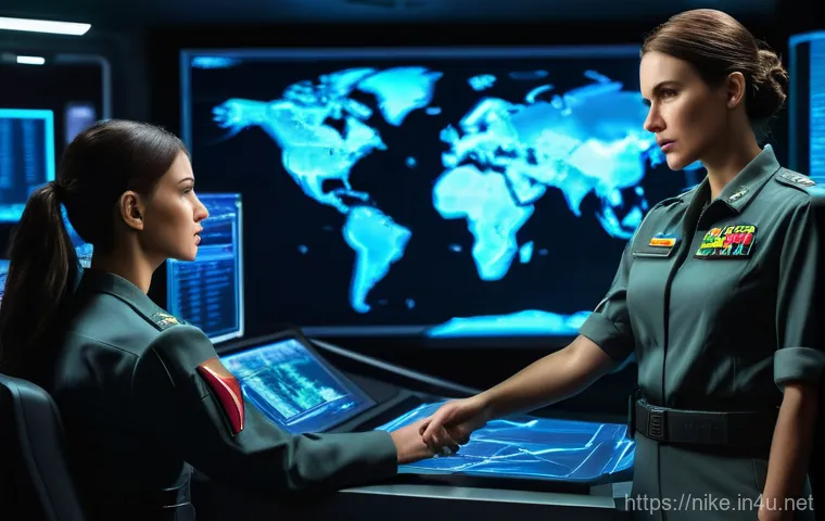 승리의여신 니케 스토리 모드 엔딩 분기 - **Prompt:** A solemn scene inside a dimly lit command center. The female Commander, wearing a milita...