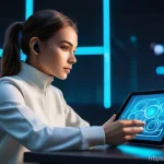 승리의여신 니케 데이터 보관 팁 - **Prompt:** A focused young adult woman with short, neat brown hair, wearing a sleek, casual tech-we...