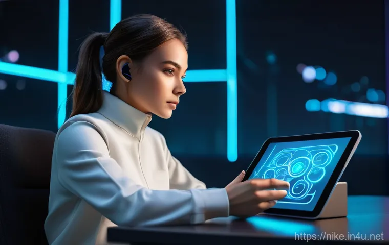 승리의여신 니케 데이터 보관 팁 - **Prompt:** A focused young adult woman with short, neat brown hair, wearing a sleek, casual tech-we...