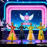 승리의여신 니케 팬 소통 플랫폼 - A lively, brightly lit scene depicting a "Goddess of Victory: Nikke" 3rd Anniversary Special Broadca...