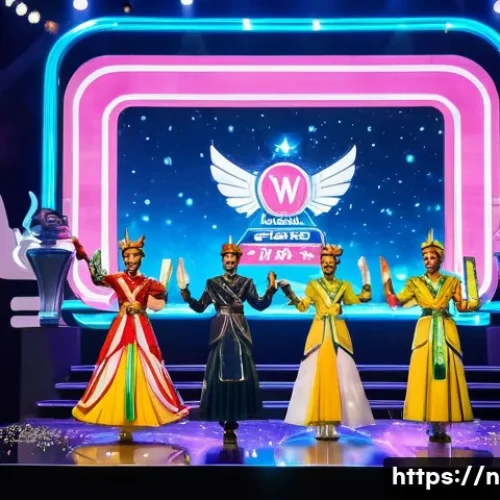 Home 31 승리의여신 니케 팬 소통 플랫폼 - A lively, brightly lit scene depicting a "Goddess of Victory: Nikke" 3rd Anniversary Special Broadca...