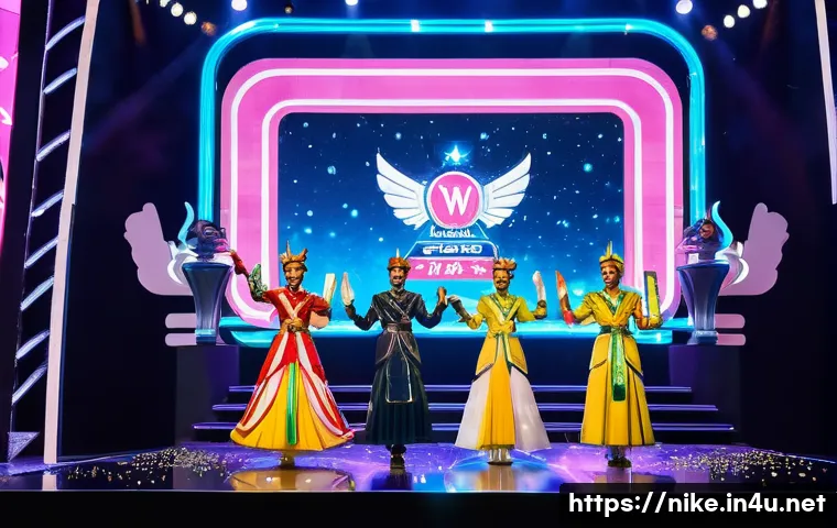 승리의여신 니케 팬 소통 플랫폼 - A lively, brightly lit scene depicting a "Goddess of Victory: Nikke" 3rd Anniversary Special Broadca...